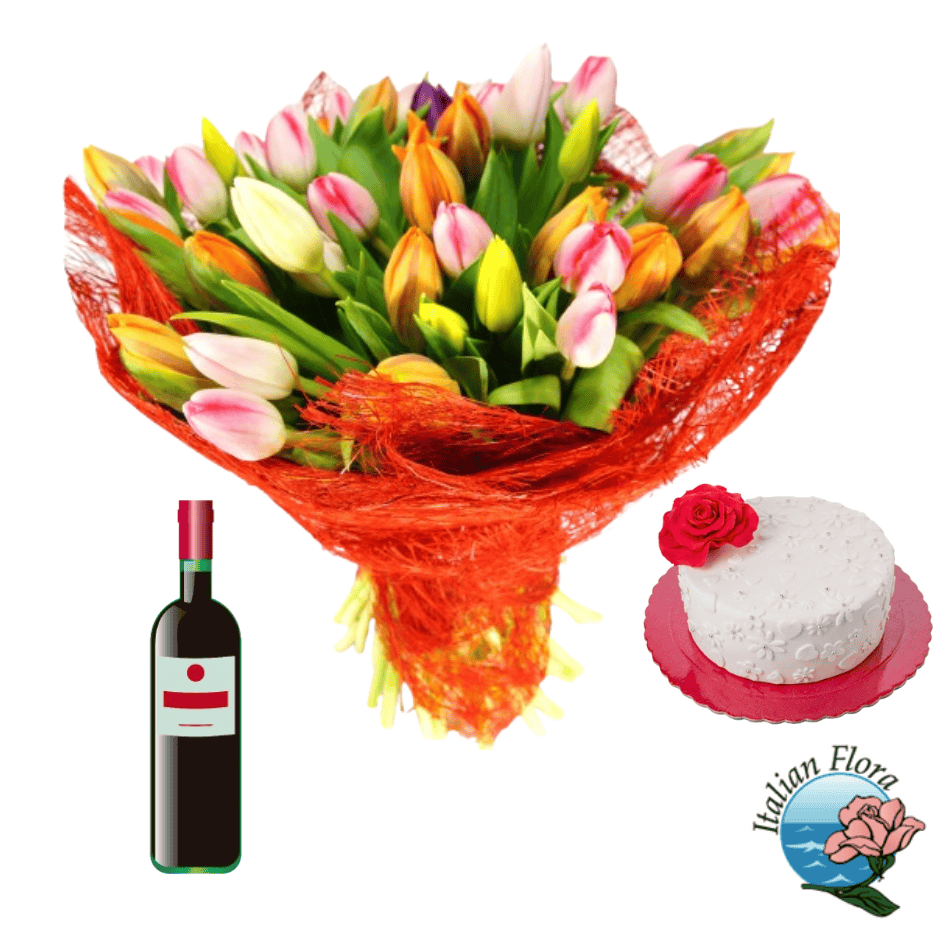 bouquet-of-mix-tulips-with-red-wine-and-romantic-cake Bouquet of mix tulips with red wine and romantic cake - Image 1