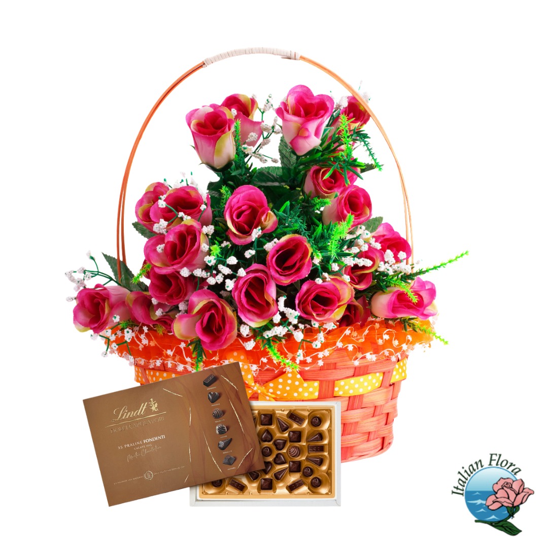 Basket of pink roses with box of chocolates Basket of pink roses with box of chocolates - Image 1