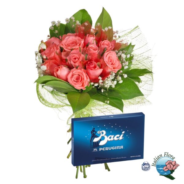 Bouquet of pink roses with box of chocolates