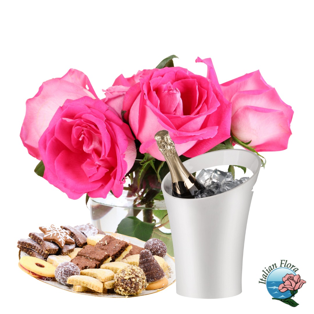 Bouquet of pink roses with sparkling wine and biscuits Bouquet of pink roses with sparkling wine and biscuits - Image 1