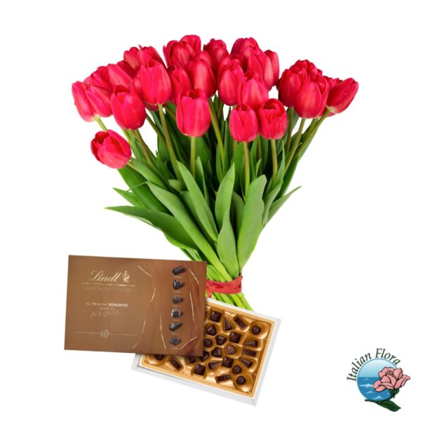 Bouquet of red tulips with box of chocolates