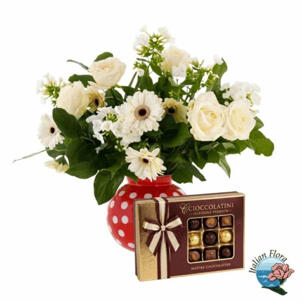 Vase arrangement of mix white flowers with box of chocolates