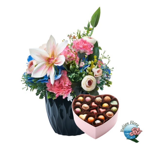 Vase arrangement of mix pink flowers with box of chocolates