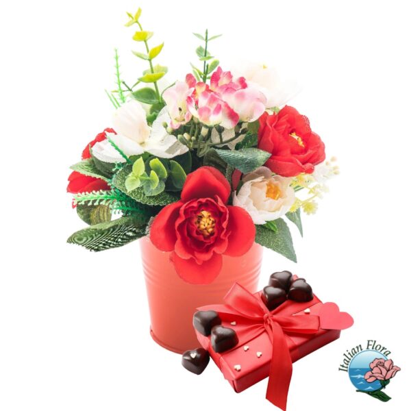 Vase arrangement of mix red and white flowers with box of chocolates