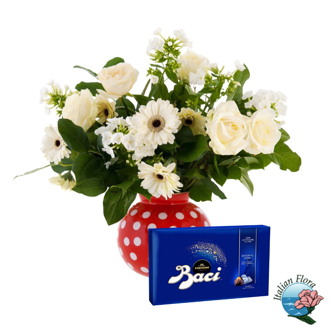 Vase arrangement of mix white flowers with box of chocolates Vase arrangement of mix white flowers with box of chocolates