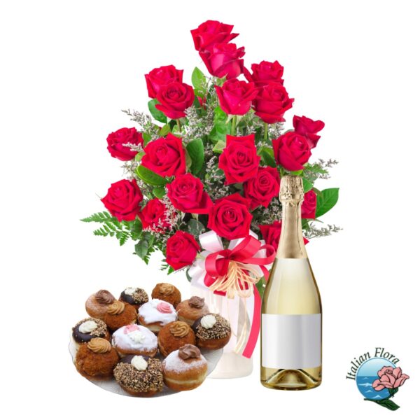 Vase arrangement of red roses with sparkling wine and sweets