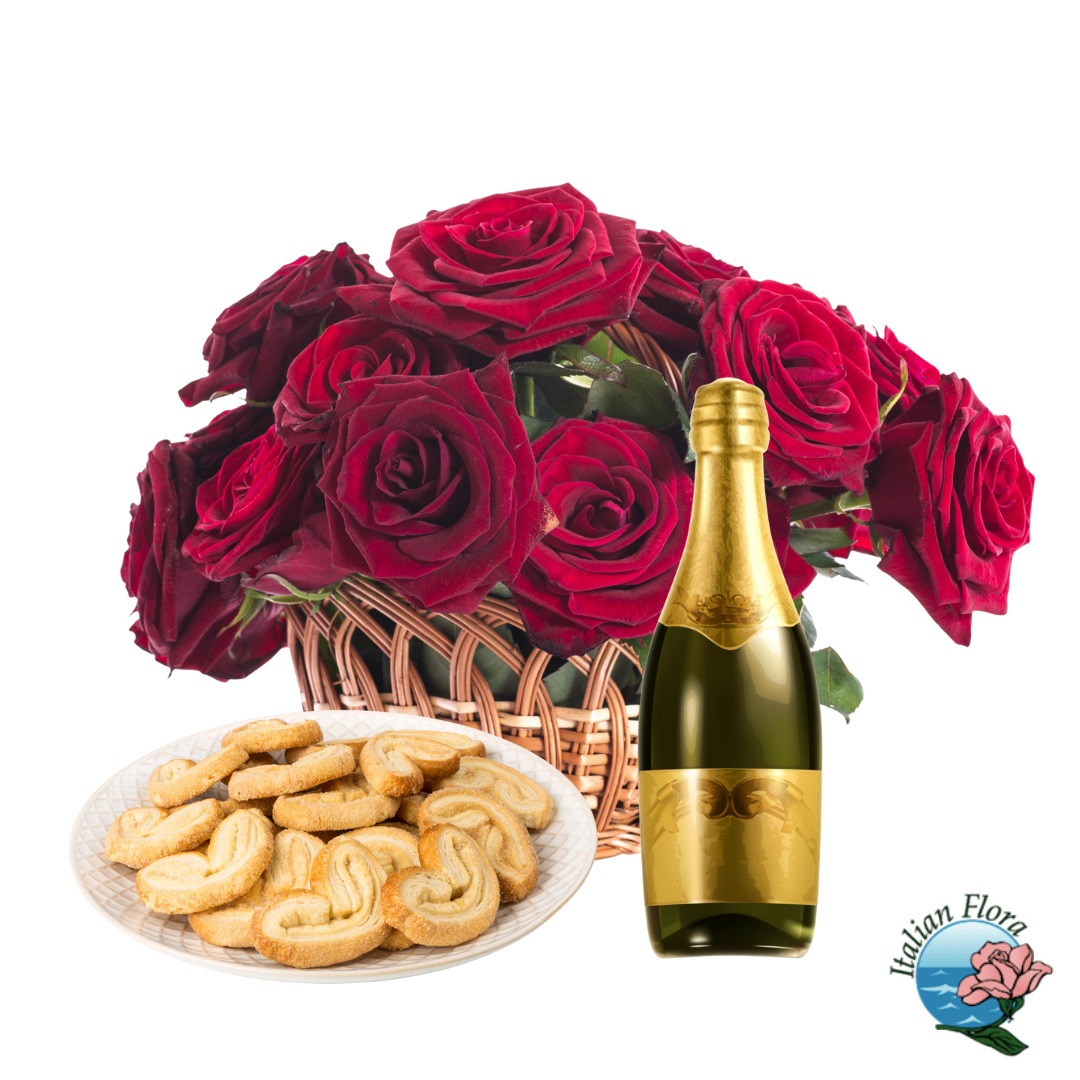 basket of red roses with sparkling wine and biscuits basket of red roses with sparkling wine and biscuits
