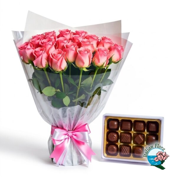 Bouquet of pink roses with box of chocolates