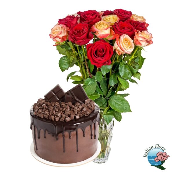 Bouquet of red and orange roses with chocolate cake