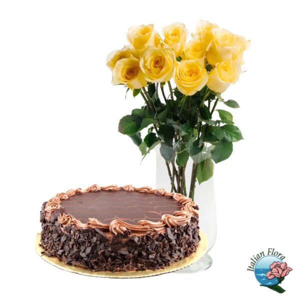 Bouquet of yellow roses with chocolate cake