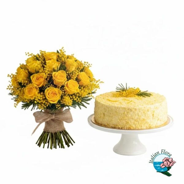 Bouquet of yellow roses with lemon cake