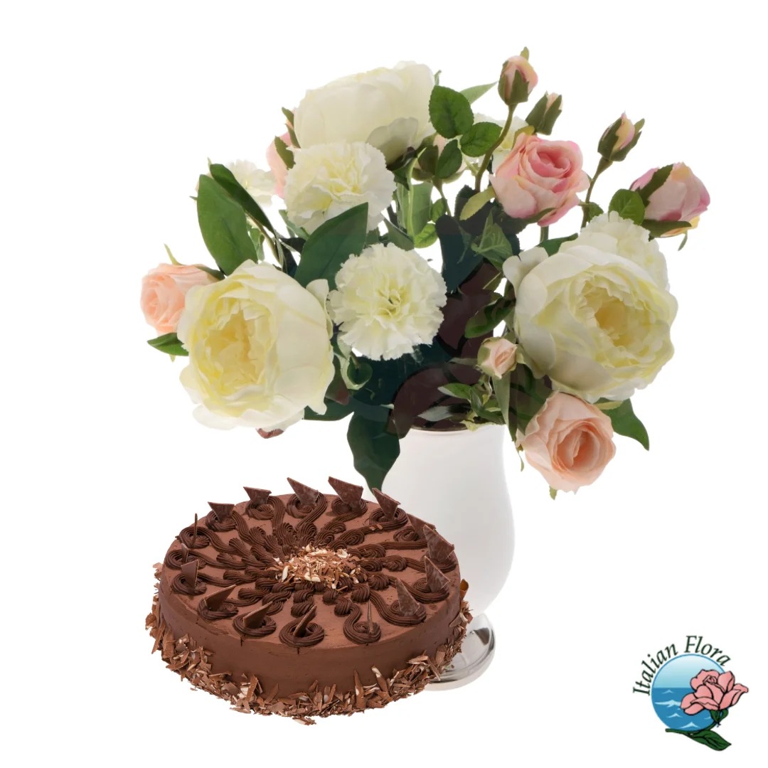 Romantic pink and white bouquet with chocolate cake Romantic pink and white bouquet with chocolate cake - Image 1