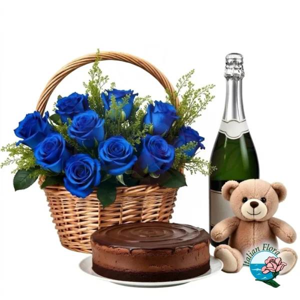 basket-of-blue-roses-with-sparkling-wine-and-chocolate-cake