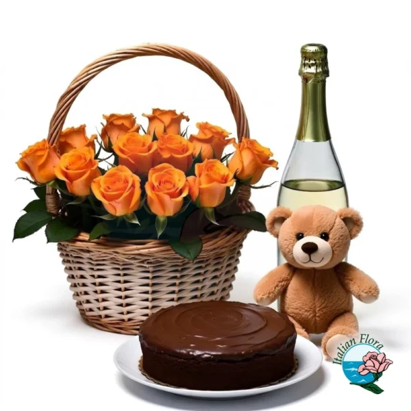 basket-of-orange-roses-with-sparkling-wine-and-chocolate-cake