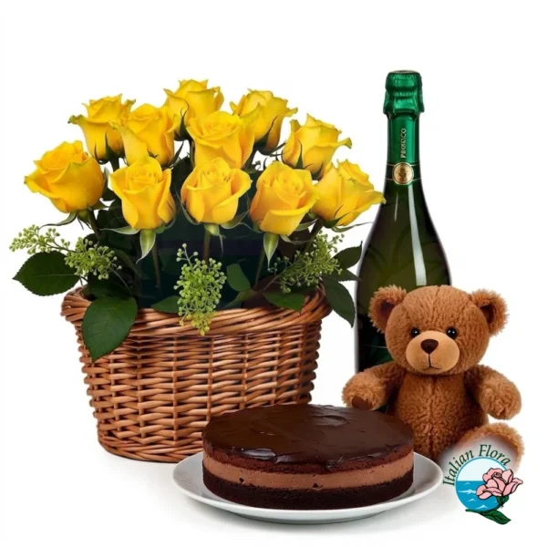 basket-of-yellow-roses-with-sparkling-wine-and-chocolate-cake