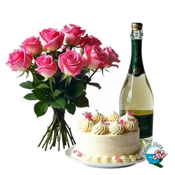 bouquet-of-pink-roses-with-sparkling-wine-and-cream-cake