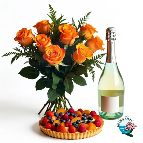 bouquet-of-orange-roses-with-sparkling-wine-and-fruits-tarte
