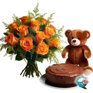 orange-bouquet-with-teddy-and-chocolate-cake