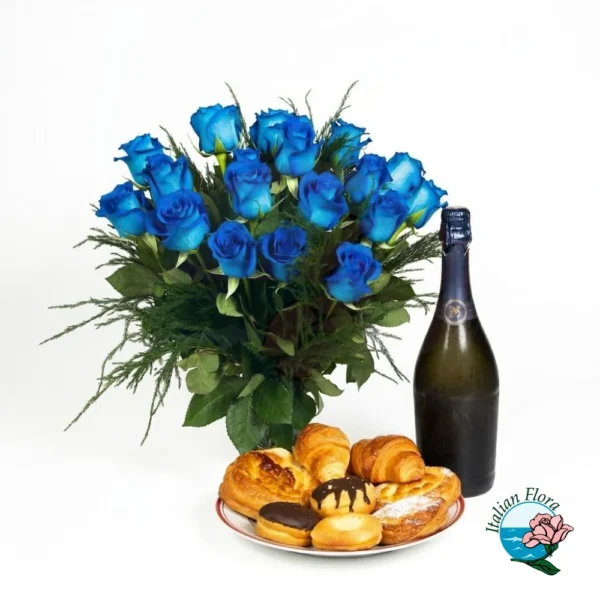 bouquet-of-blue-roses-with-sparkling-wine-and-pastries