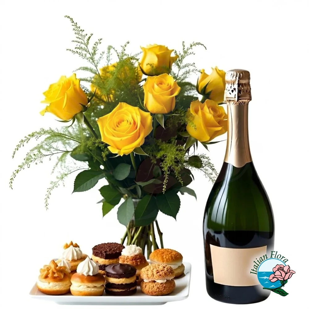 bouquet-of-yellow-roses-with-sparkling-wine-and-pastries bouquet-of-yellow-roses-with-sparkling-wine-and-pastries