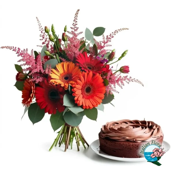 bouquet-of-mixed-orange-gerberas-with-chocolate-cake
