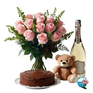 pink-bouquet-with-sparkling-wine-and-chocolate-cake