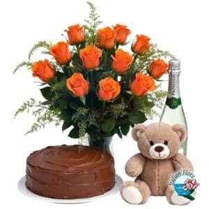 orange-bouquet-with-sparkling-wine-and-chocolate-cake