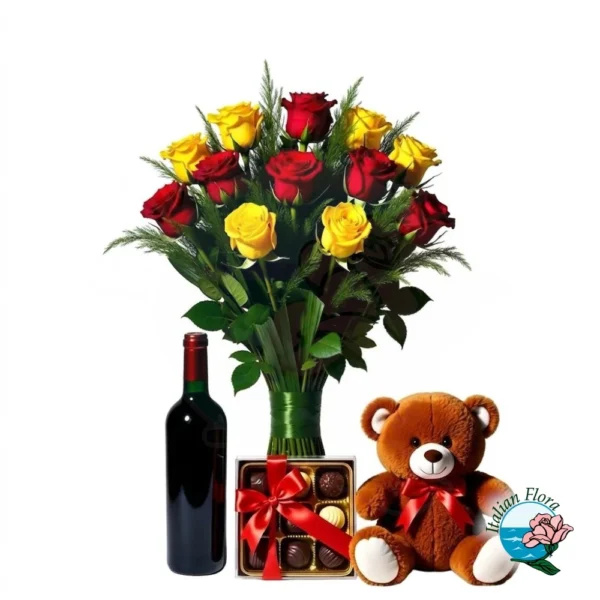 red-and-yellow-bouquet-with-red-wine-box-of-chocolates-and-teddy