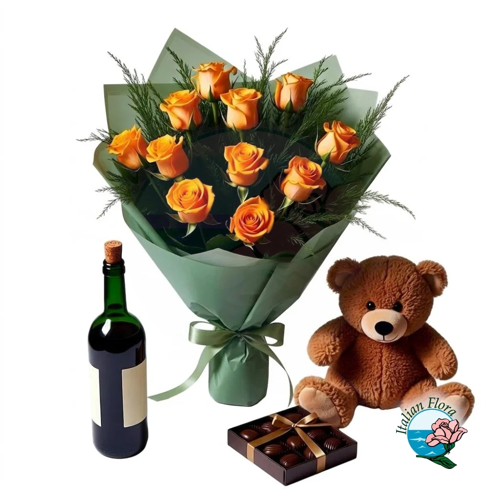 orange-bouquet-with-red-winebox-of-chocolate-and-teddy orange-bouquet-with-red-winebox-of-chocolate-and-teddy